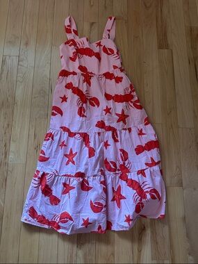 J. Crew Factory Pink Midi Dress with Red Lobster & Star Print